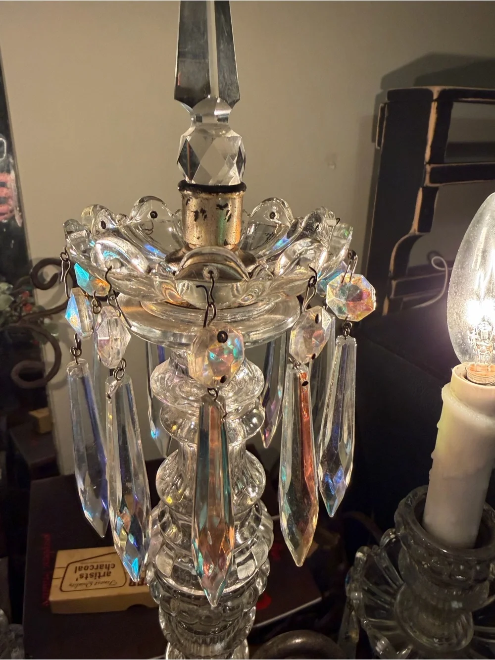 Antique Rare Aurora Borealis Crystal Dual Arm Candelabra Lamp Baccarat Style